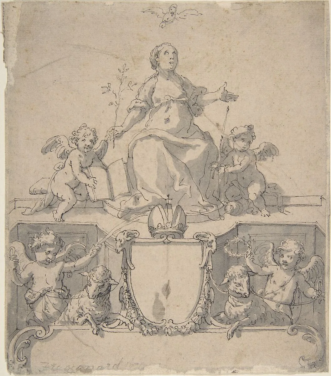 Cartouche with a Crown, the Virgin (?) and the Holy Ghost, and Four Putti — Carlo Bianconi|Johann Matthias Kager|Jean Honoré Fragonard