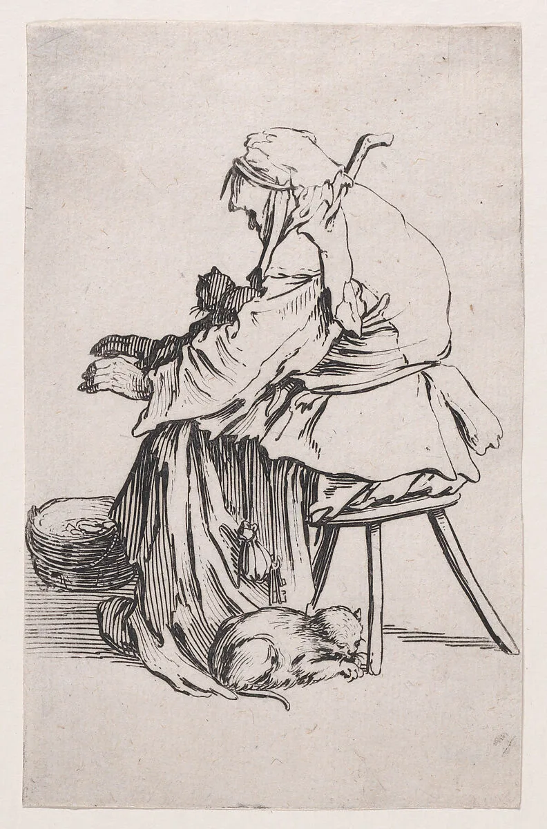 La Vieille aux Chats (The Old Woman with Cats), from Les Gueux suite appelée aussi Les Mendiants, Les Baroni, ou Les Barons (The Beggars, also called the Barons) — Jacques Callot
