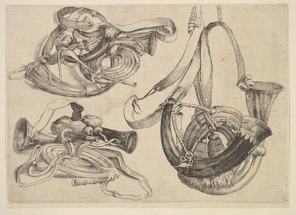 Seven hunting horns in three groupings — Wenceslaus Hollar