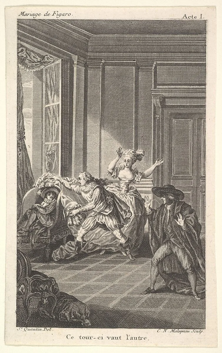 A man curled up in a chair looks toward another man who approaches him from the left in an interior setting, a woman and a man stand nearby with their hands raised, from a series of five illustrations after Jacques Philippe Joseph de Saint-Quentin for 'The mad day, or the marriage of Figaro' (La Folle journée, ou le mariage de Figaro) by Pierre Augustin Caron de Beaumarchais — Jacques Philippe Joseph de Saint Quentin|Claude Nicolas Malapeau