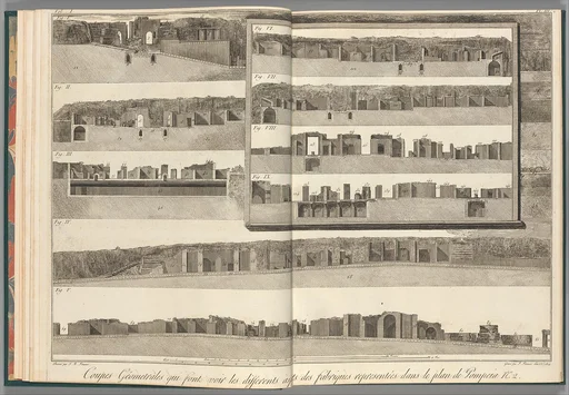 Cross-sections, which show the different aspects of the buildings shown in the plan of Pompeii [the preceding plate], from "Antiquités de Pompeïa, tome premier, Antiquités de la Grande Grèce..." (Antiquities of Pompeii, volume one, Antiquities of Great Greece...), volume 1, plate 3