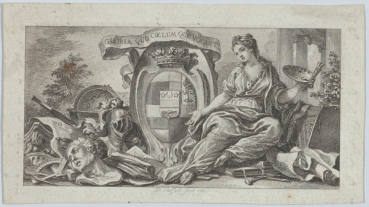 Vignette with shield of arms and an allegory for the Arts at right — Pierre Philippe Choffard