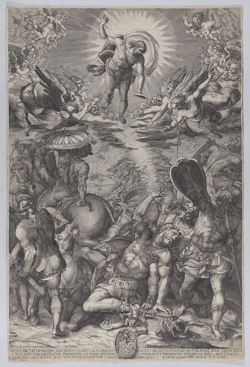 The conversion of Saul, who lies on the ground surrounded by horses and soldiers as Christ appears above him — Pieter Perret|Matteo Perez da Leccio
