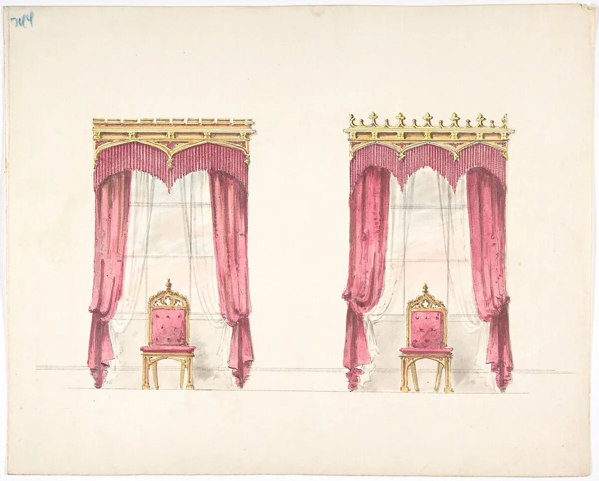 Design for Two Red Fringed Curtains with Gold Pelmets — Anonymous, British, 19th century