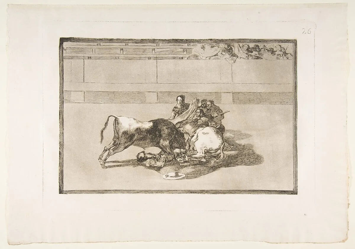 Plate 26 from "La Tauromaquia": A picador is unhorsed and falls under the bull — Goya (Francisco de Goya y Lucientes)