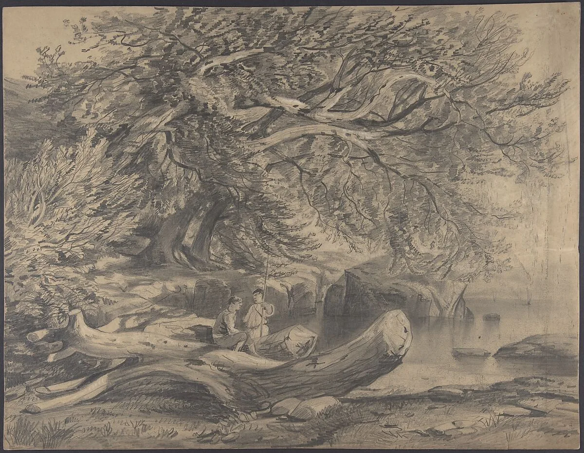 Two Men Resting by a Lake (recto); Studies for Soldiers Mounted on Horseback (verso) — Alexandre Calame