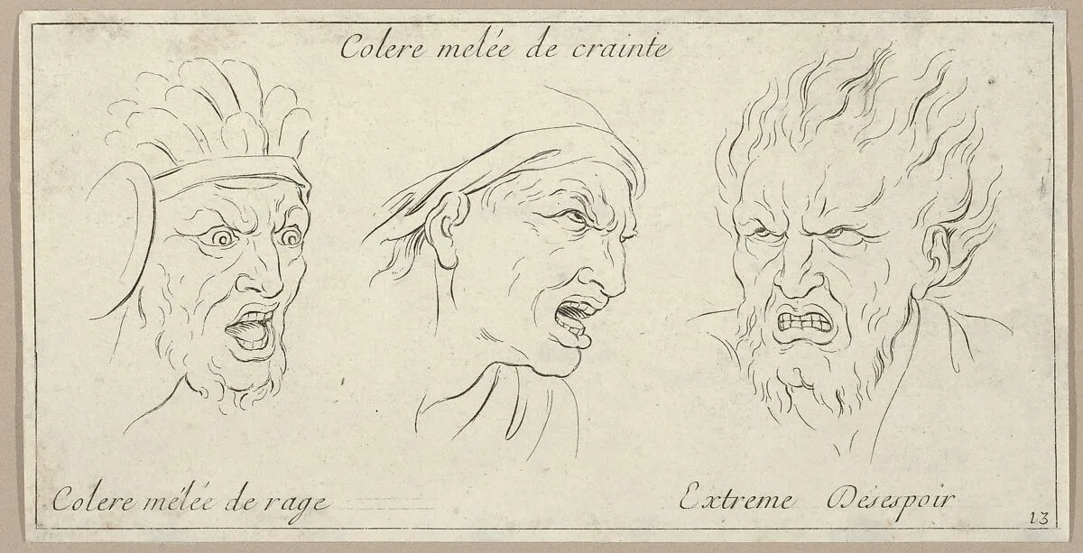 Le Colère mêlée de crainte (from Caractères des passions, gravés sur les desseins de l'illustre Monsieur le Brun) — Sébastien Le Clerc, le Jeune|Charles Le Brun