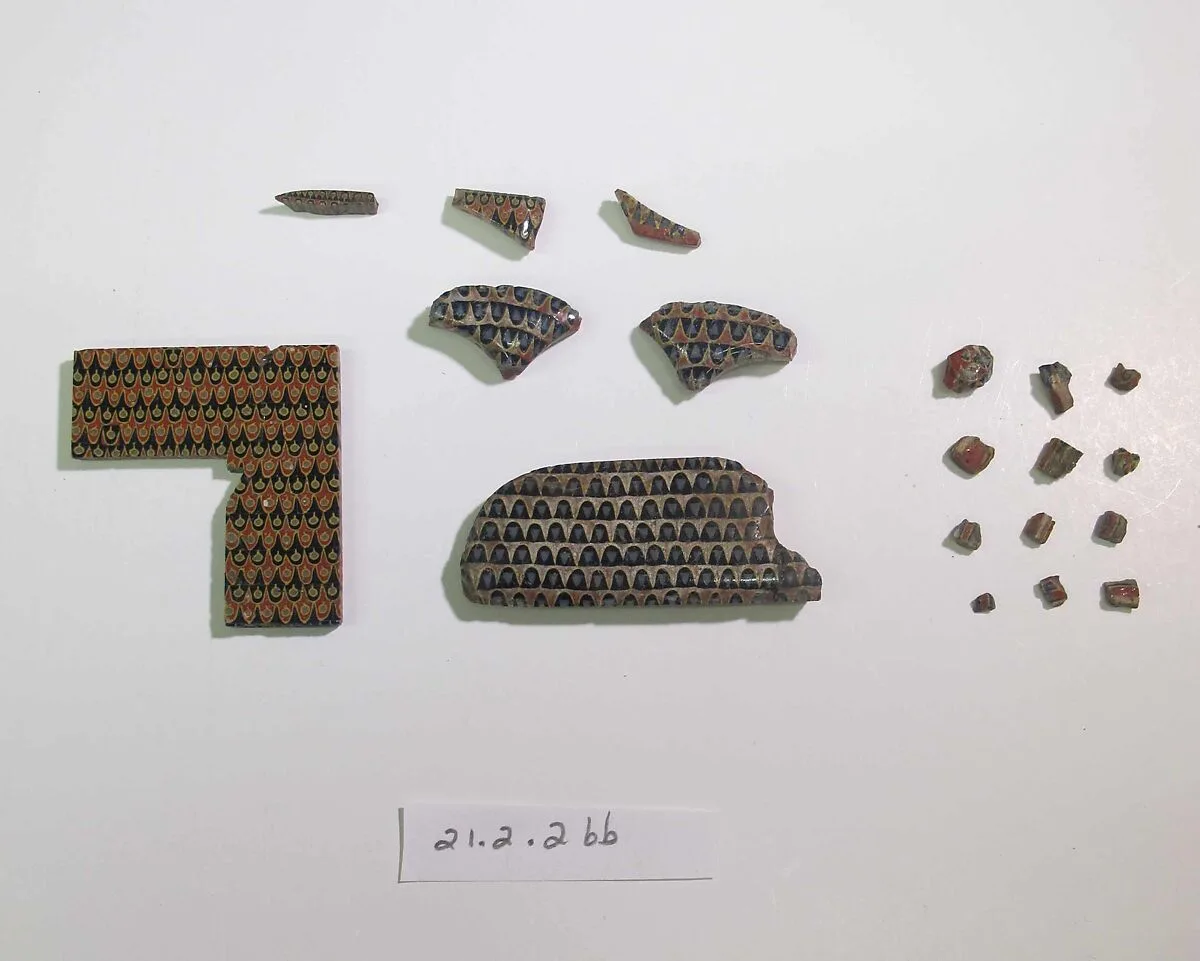 Inlay elements from shrine: box of inlays with feather pattern — Unknown
