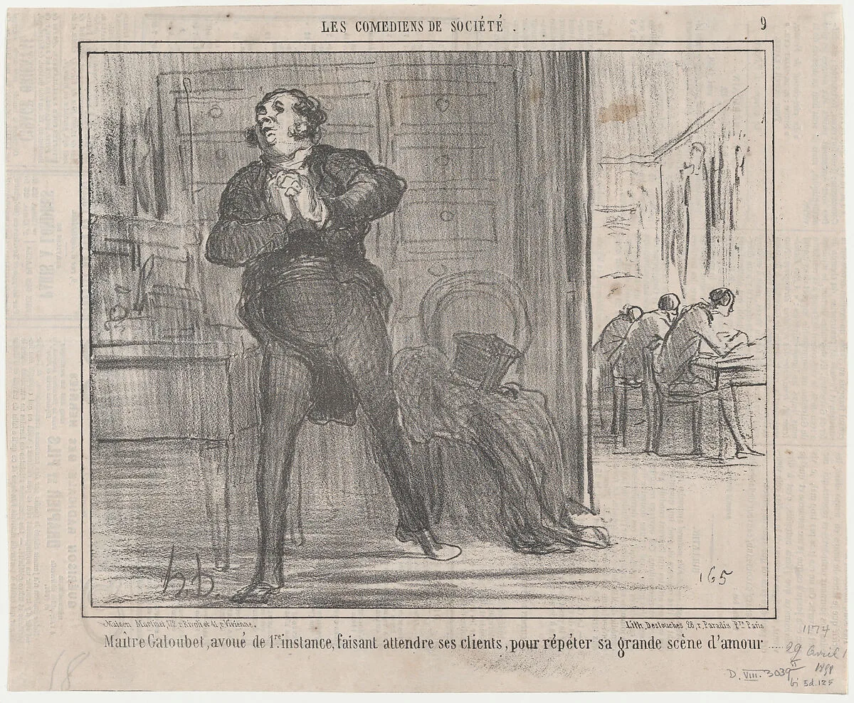 Maître Galoubet, avoué de 1re. instance, faisant attendre ses clients, pour répéter sa grande scène d'amour..., from Les Comédiens de Société, published in Le Charivari, April 29, 1858 — Aaron Martinet|Honoré Daumier|Destouches