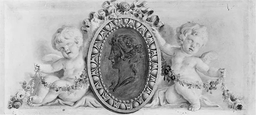 Profile portrait of a woman in a medallion supported by putti
