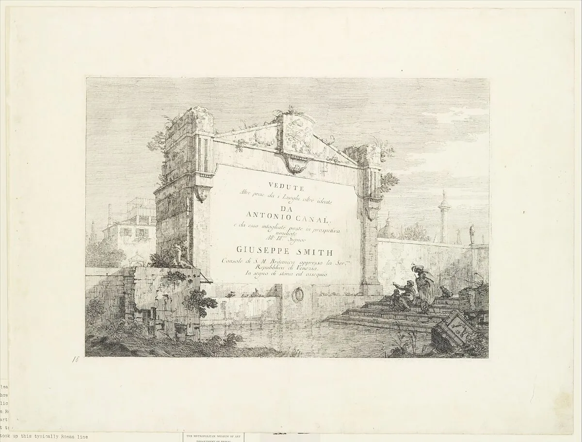 Title page with a large wall of a classical ruin, with a figure seated at right pointing to the dedication, from 'Views' (Vedute altre prese da i luoghi altre ideate da Antonio Canal) — Joseph Smith|Canaletto (Giovanni Antonio Canal)