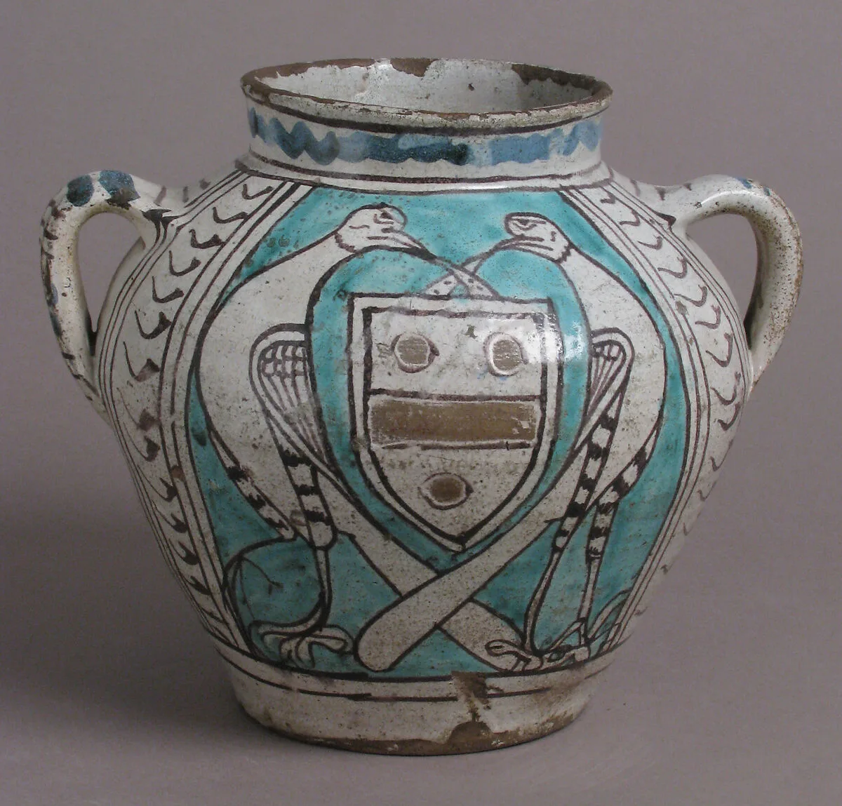 Two-Handled Jar with Birds and a Coat of Arms — Unknown