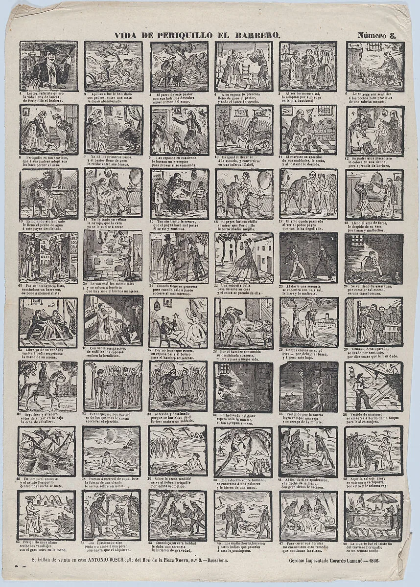 Broadside with 48 scenes from the life of Periquillo the Barber — Pedro Cumané|Antonio Bosch