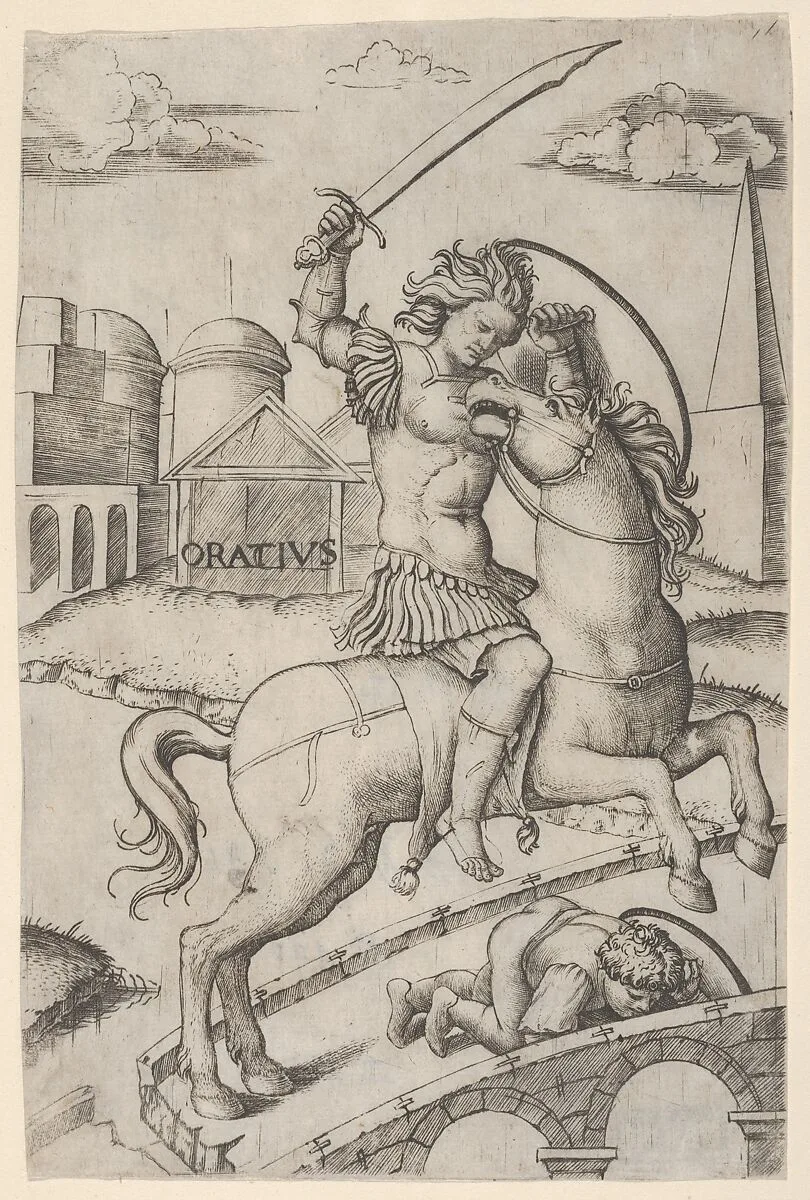 Horatius Cocles on horseback, trampling a fallen soldier — Marcantonio Raimondi