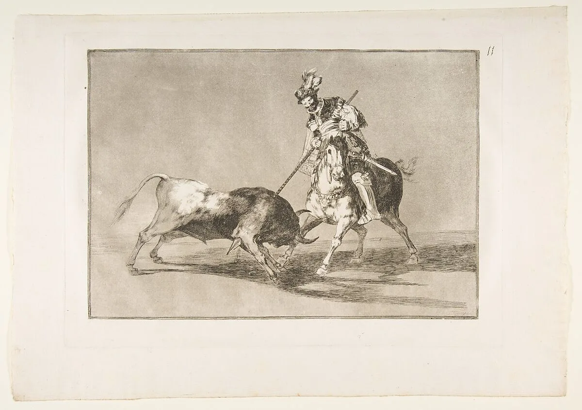 Plate 11 from "La Tauromaquia": The Cid campeador spearing another bull — Goya (Francisco de Goya y Lucientes)