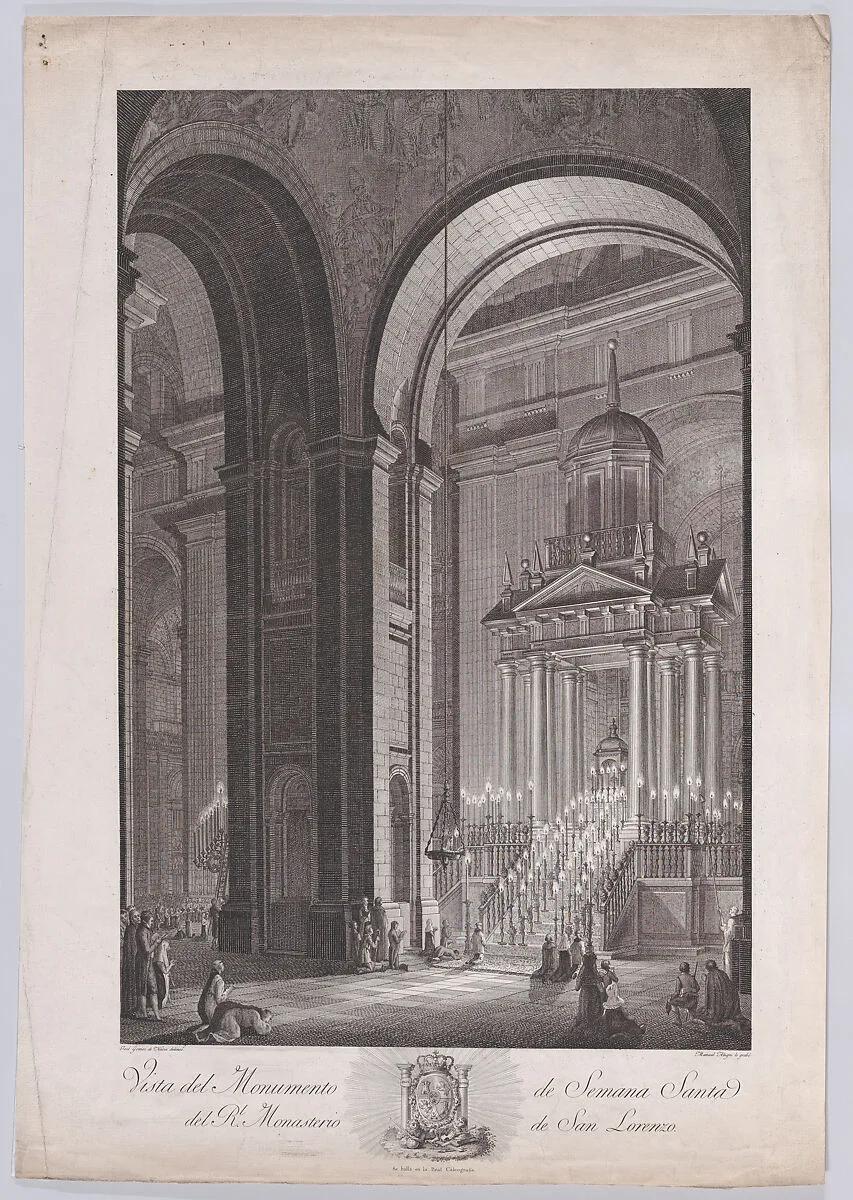 The monument raised for Holy Week (Semana Santa) in the Church of the monastery of El Escorial, from a series of Views of El Escorial — Manuel Alegre|José Gómez Navia|Calcografía Real, Madrid