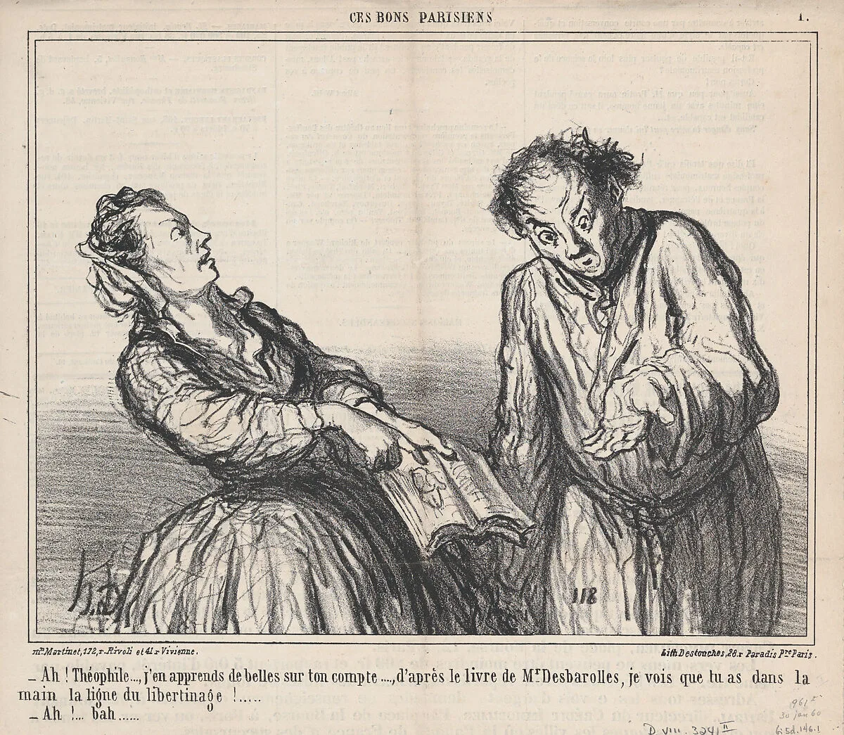 Ah, Théophile, what ghastly things I am reading about you, from 'These good Parisians,' published in Le Charivari, January 30, 1860 — Honoré Daumier|Aaron Martinet|Destouches