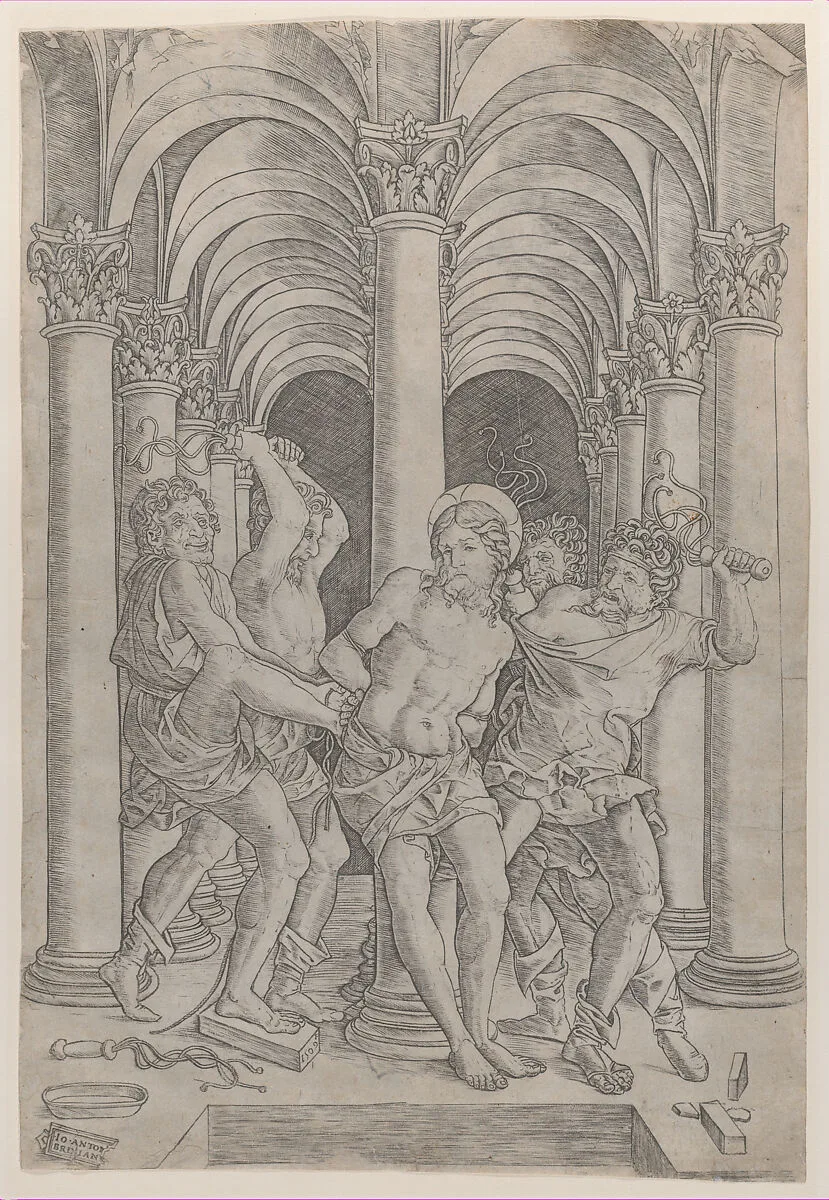The Flagellation of Christ who is tied to a column at center set within an arcade — Giovanni Antonio da Brescia