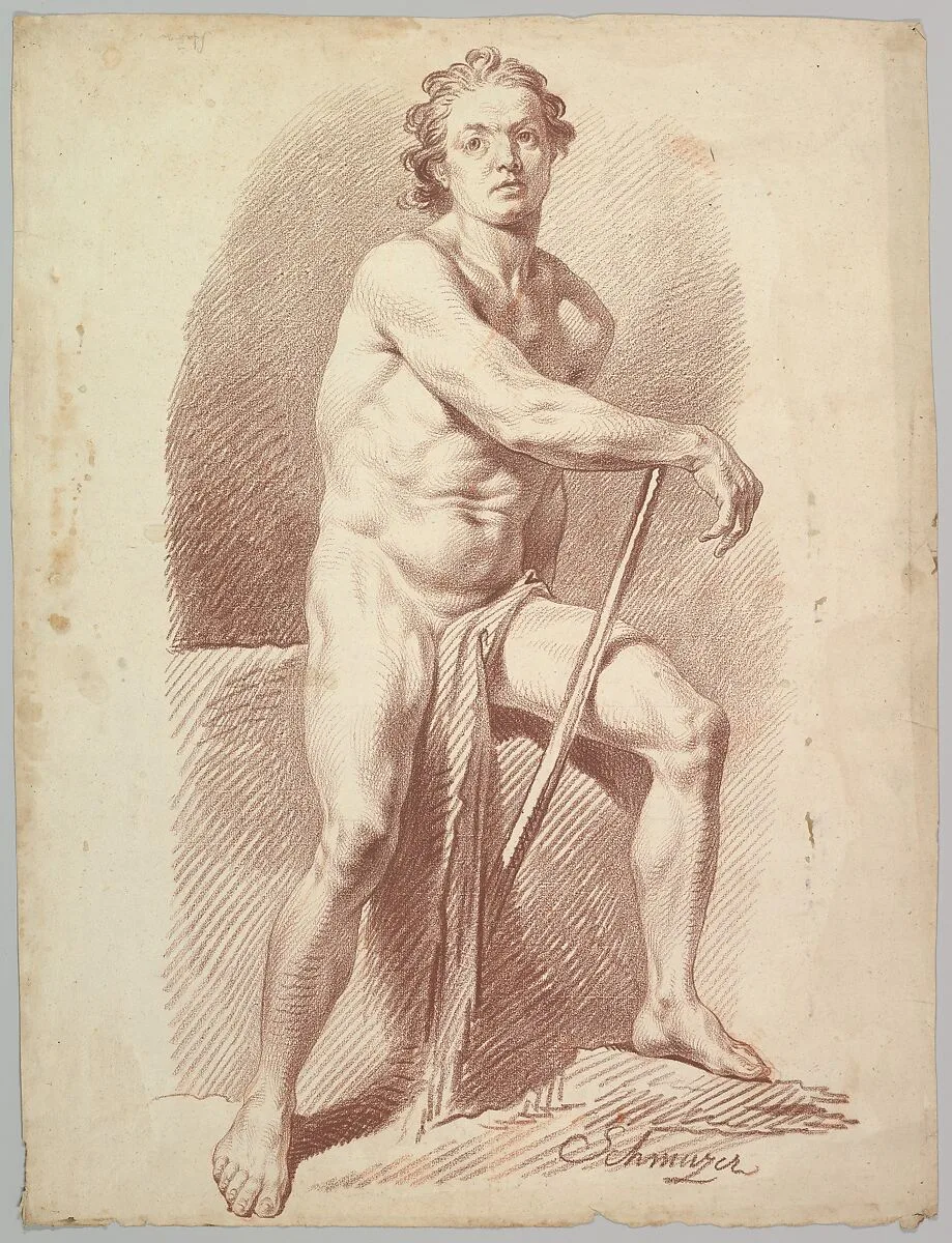 Seated Male Nude Resting on a Stick — Jakob Matthias Schmutzer