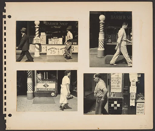 [Pedestrians, New York City: Two Men Walking Past Barber Shop; Man Walking Past Barber Shop; Woman Walking Past Soda Counter and Barber Shop Pole; Man in Suspenders Walking Past Storefront with Posted Sign "Fresh Bait"]