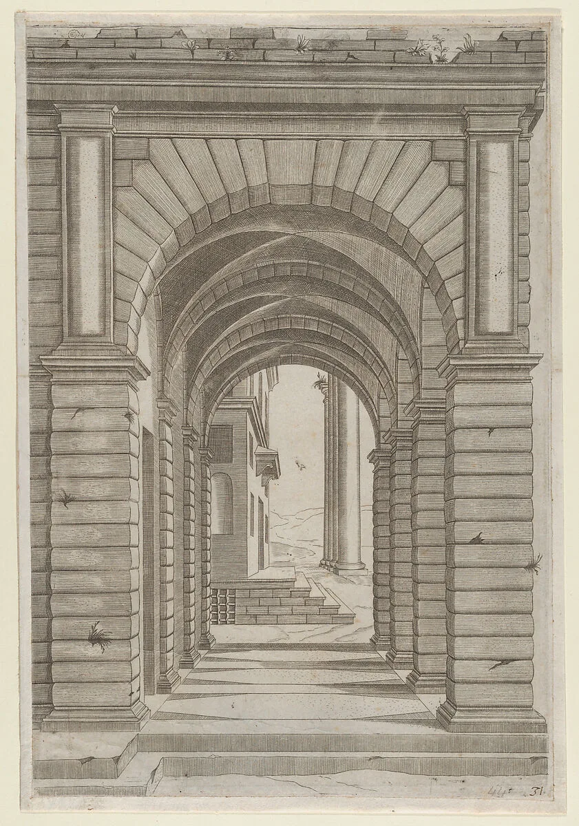Speculum Romanae Magnificentiae: Front of a Building seen sideways through an arcade of four arches on its left front. — Anonymous
