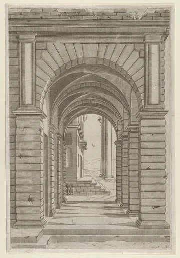 Speculum Romanae Magnificentiae: Front of a Building seen sideways through an arcade of four arches on its left front.