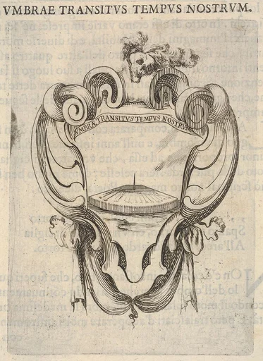 A cartouche with a sundial, a skull with feathers on its head at top, from 'Eight Emblems for the Funeral of Francesco de Medici' (Huit emblèmes pour les funérailles du prince François de Médicis)