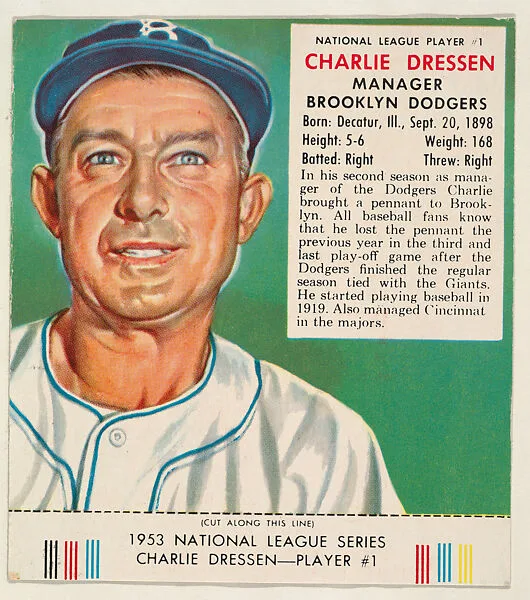 Charlie Dressen, from the Red Man All-Star Team series (T233), issued by Red Man Chewing Tobacco — Red Man Chewing Tobacco