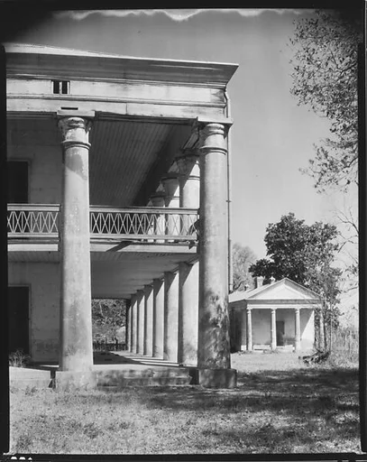[Corner Colonnade of Uncle Sam Plantation House and Smaller Greek Temple Building, St. James Parish, Louisiana]