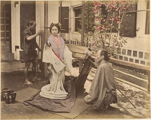 [Japanese Woman in Traditional Dress Posing with Two Men]