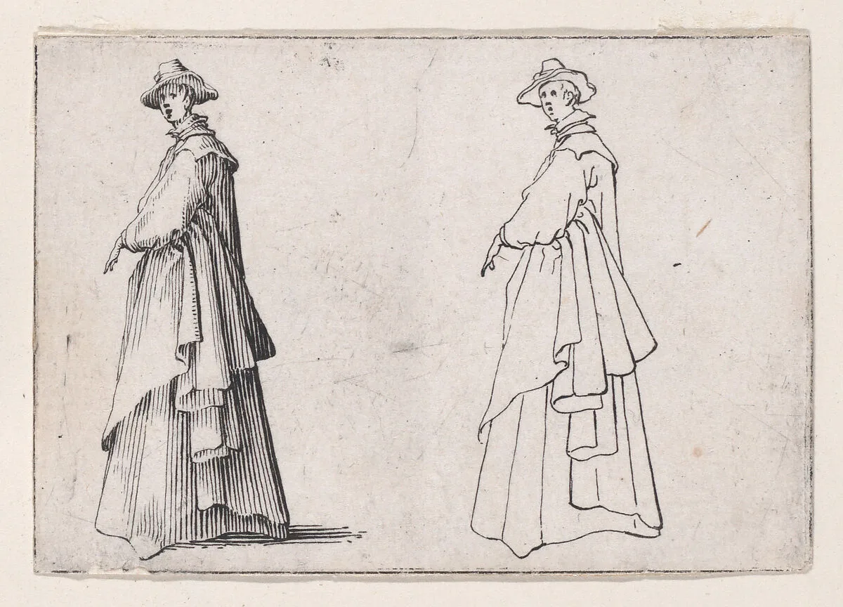 La Dame au Vêtement Ample (The Lady with Ample Clothing), from Les Caprices Series A, The Florence Set — Jacques Callot|Lorenzo de' Medici
