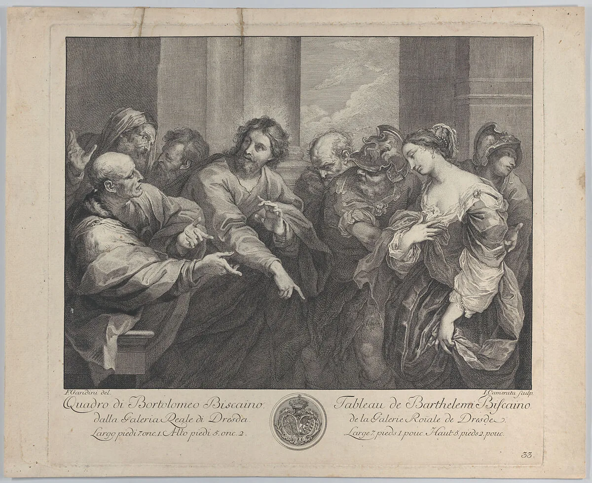 Christ and the woman taken in adultery — Giuseppe Camerata II|Bartolomeo Biscaino|Valerio Castello|Francesco Gandini