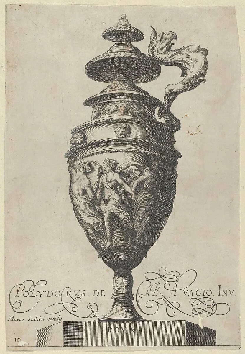 Plate 10: Lidded Vase With a Handle in the Shape of a Griffin and A Frieze With Draped Dancing Figures, from Antique Vases (Vasa a Polydoro Caravagino’) — Cherubino Alberti (Zaccaria Mattia)|Polidoro da Caravaggio|Aegidius Sadeler II|Marcus Sadeler
