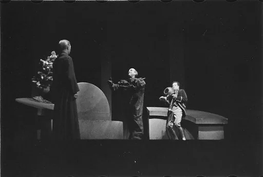 [Three 35mm Film Frames: Play Rehearsal Scene]