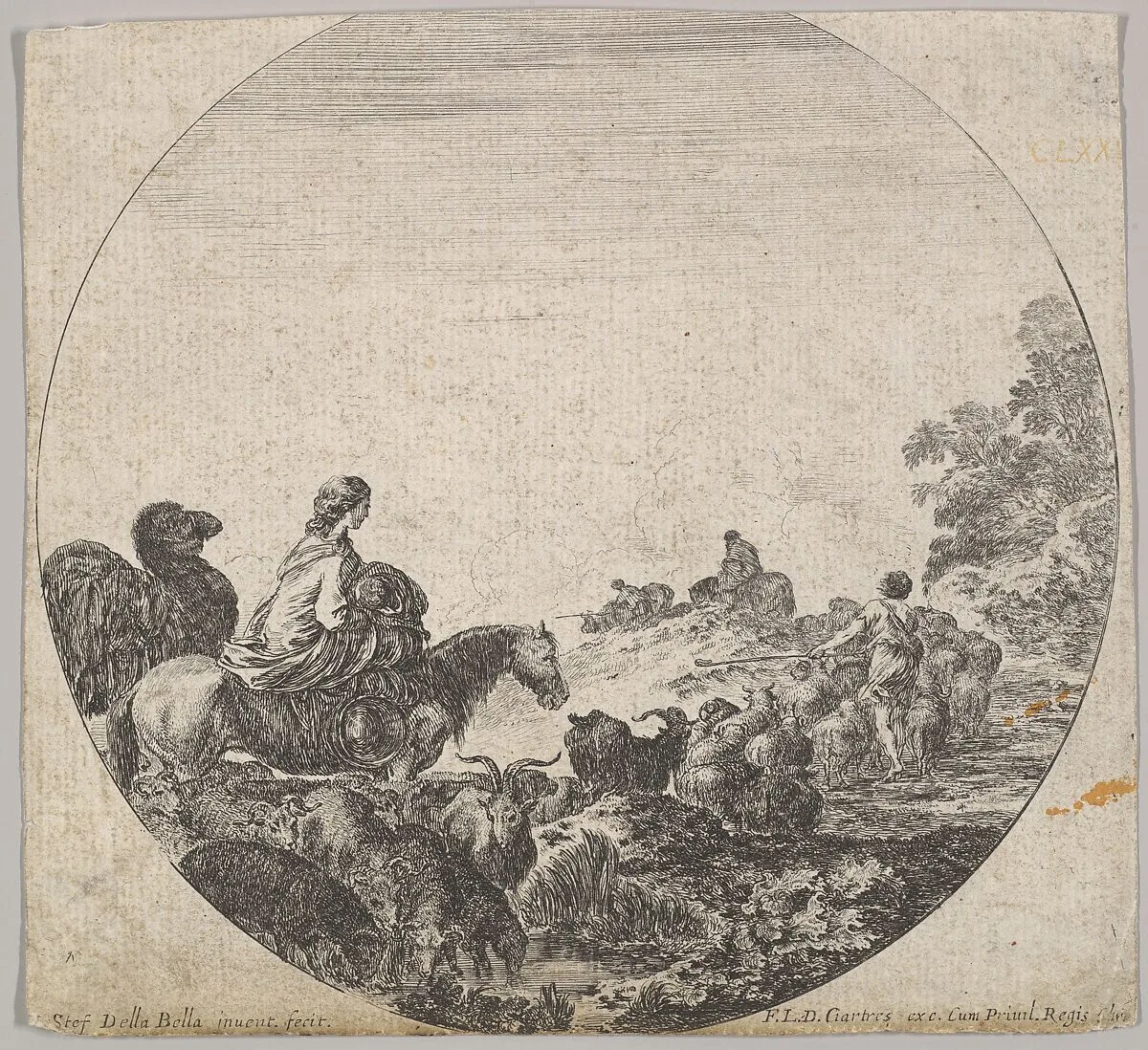 Plate 5: a woman carrying a child on a horse to left, a camel following her, a herd of goats, sheep, and a shepherd in front of her to right, a round composition, from 'Roman landscapes and ruins' (Paysages et ruines de Rome) — Stefano della Bella|François Langlois