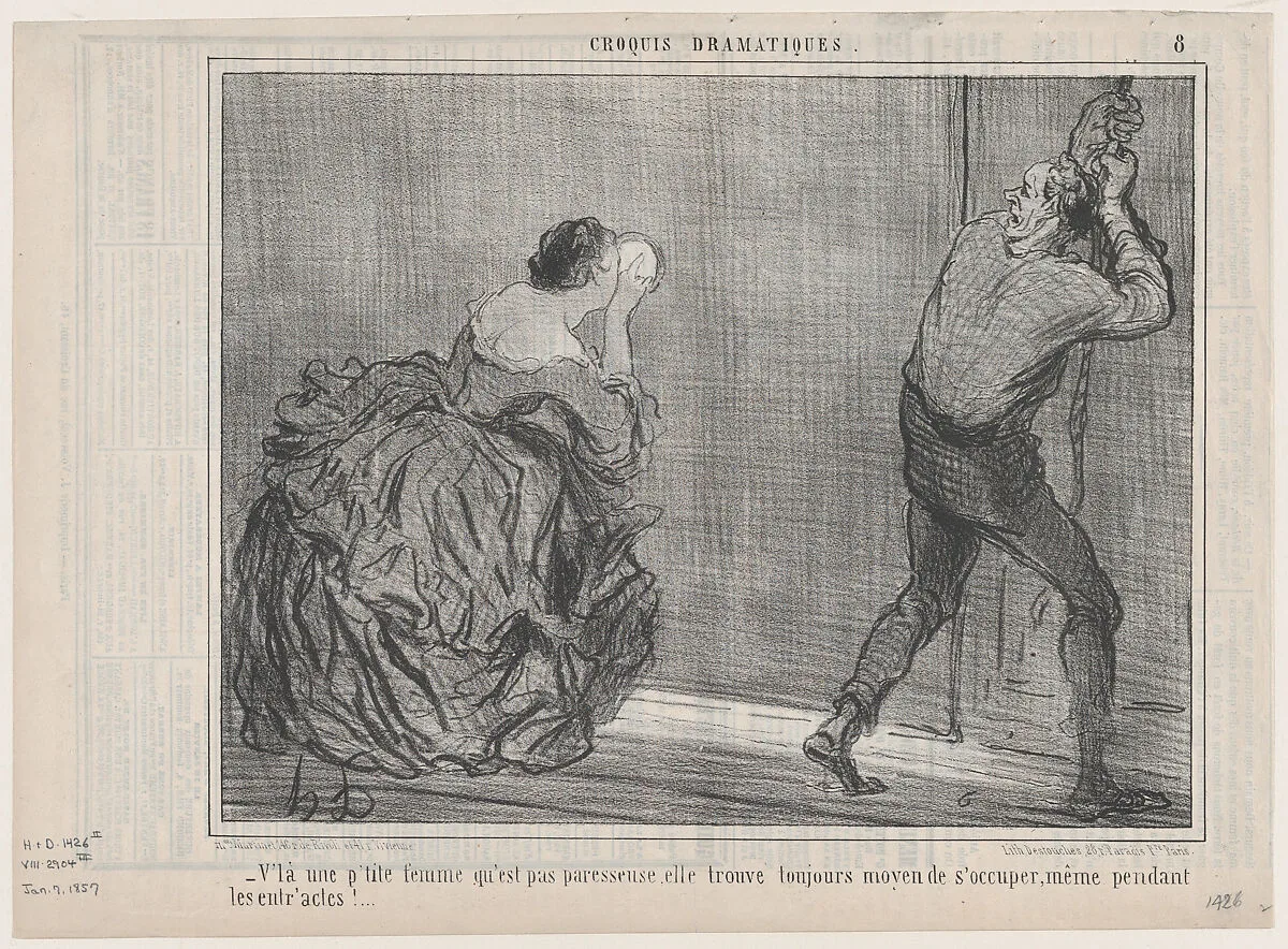V'la une p'tite femme qu'est pas paresseuse..., from Croquis Dramatiques, published in Le Charivari, January 7, 1857 — Aaron Martinet|Honoré Daumier|Destouches