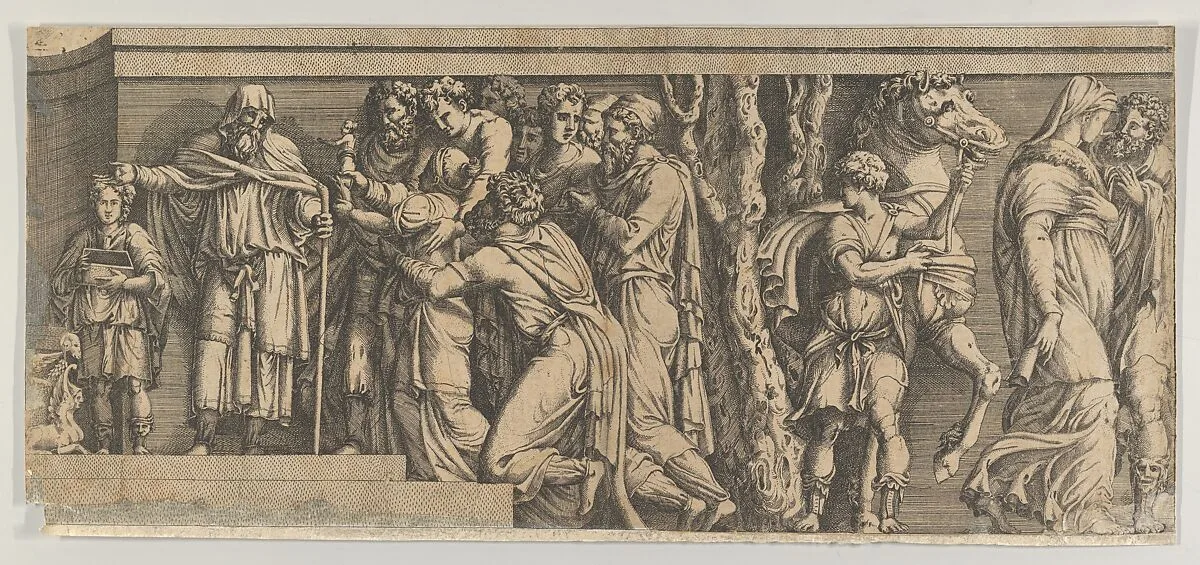 Statue of Niobe and her Worshippers, with Apollo and Diana and other Figures, after Polidoro da Caravaggio — Anonymous, School of Fontainebleau|Polidoro da Caravaggio