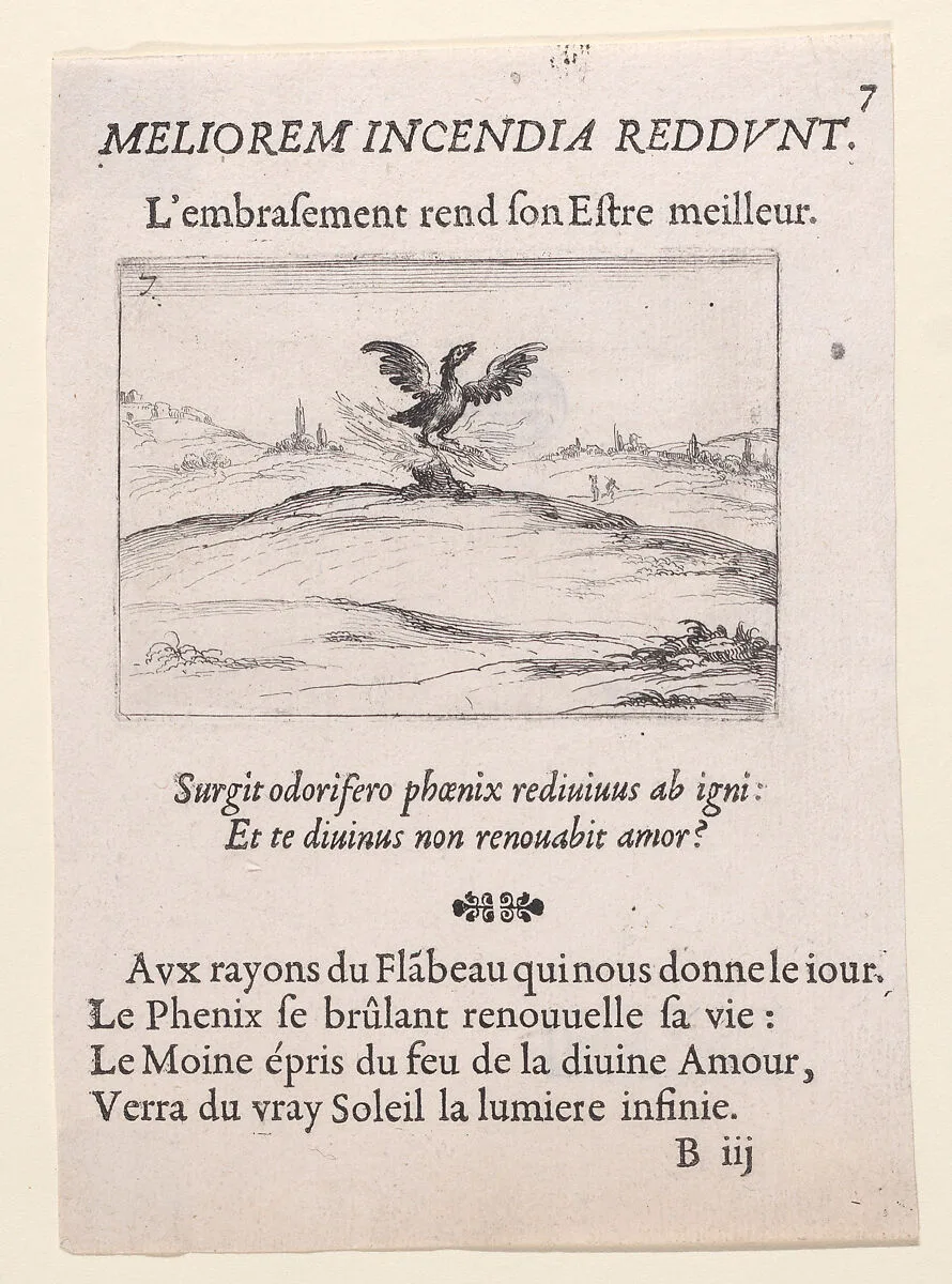 Le Phénix se Brulant (The Phoenix is Burning), from Lux Claustri ou La Lumière du Cloitre (The Light of the Cloisters), plate 7 — François Langlois|Jacques Callot