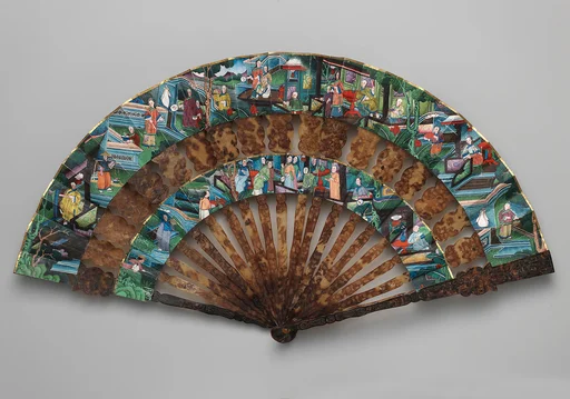 Folding Fan with Multiple Scenes of Figures in Courtyard Gardens