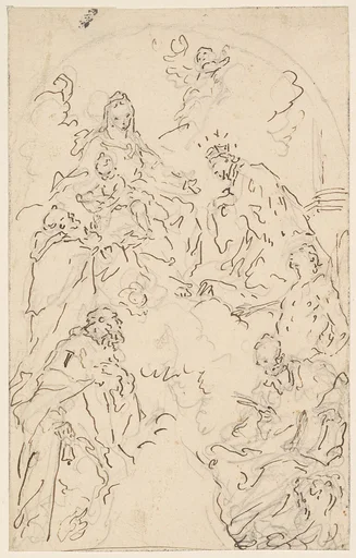The Virgin and Child Enthroned on a Cloud, with Saints Dominic, John Nepomuk, Sebastian, Mark, and Anthony Abbot