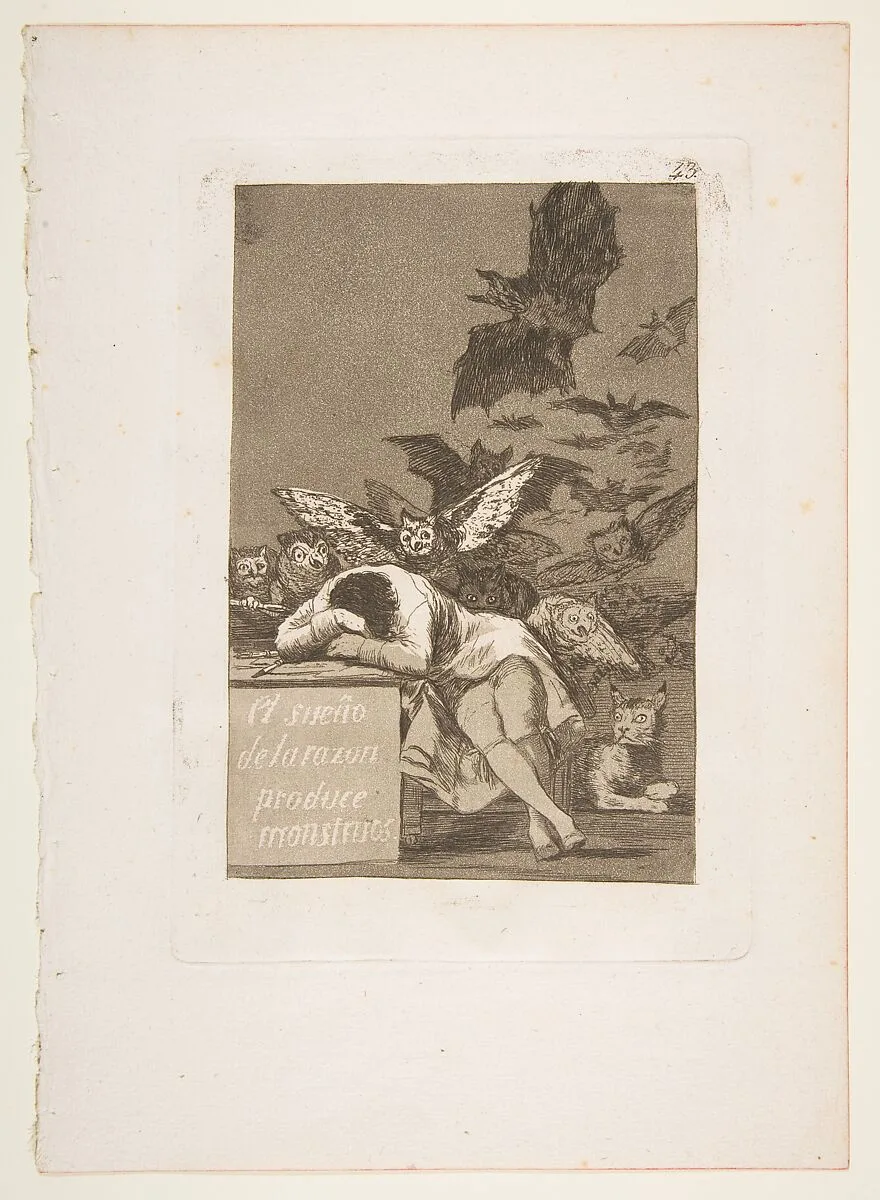 Plate 43 from "Los Caprichos": The sleep of reason produces monsters (El sueño de la razon produce monstruos) — Goya (Francisco de Goya y Lucientes)