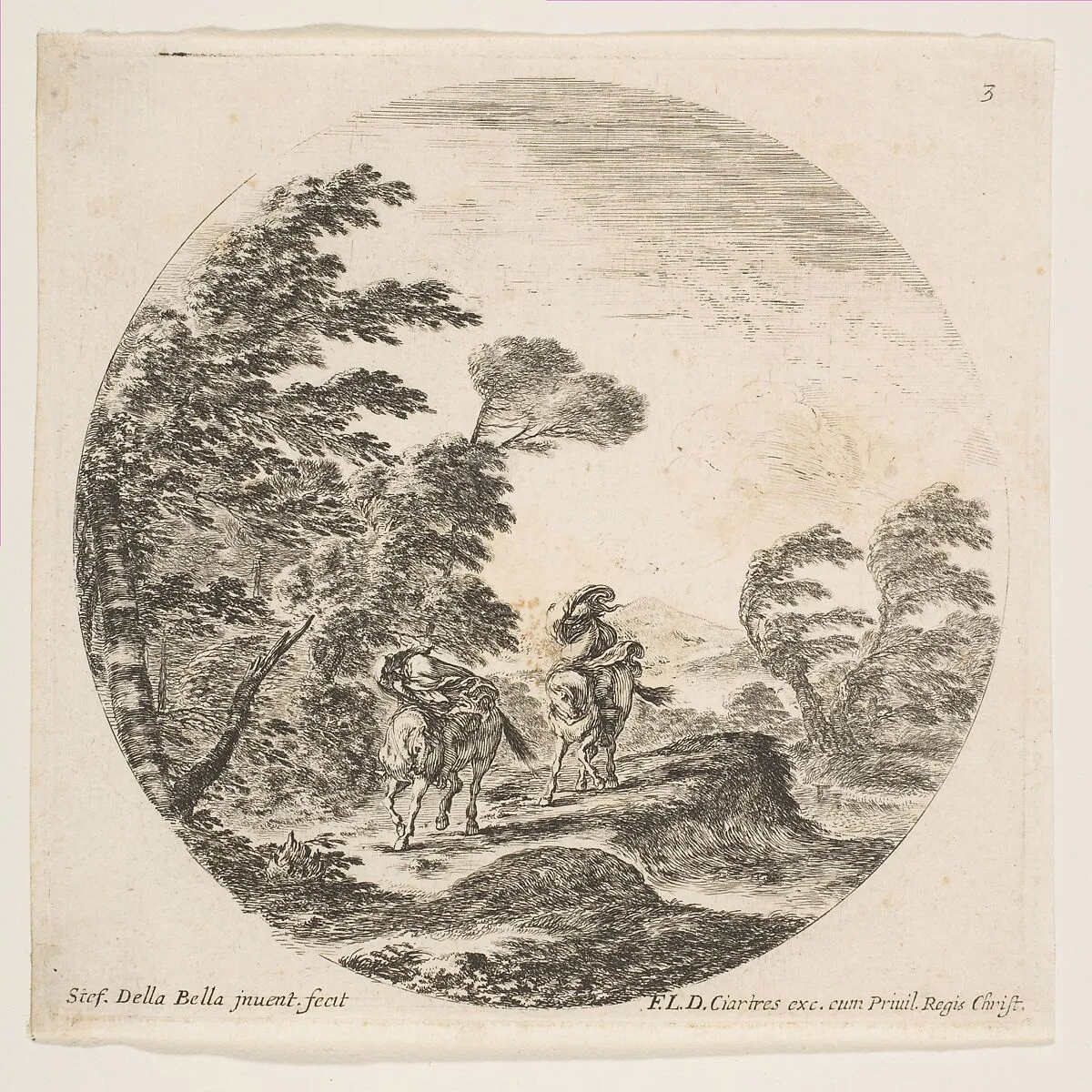 A gale in the forest, two horsemen wrapped in their cloaks, with the wind blowing from the left side, plate 3 from "Roman landscapes and ruins" (Paysages et ruines de Rome) — Stefano della Bella|François Langlois