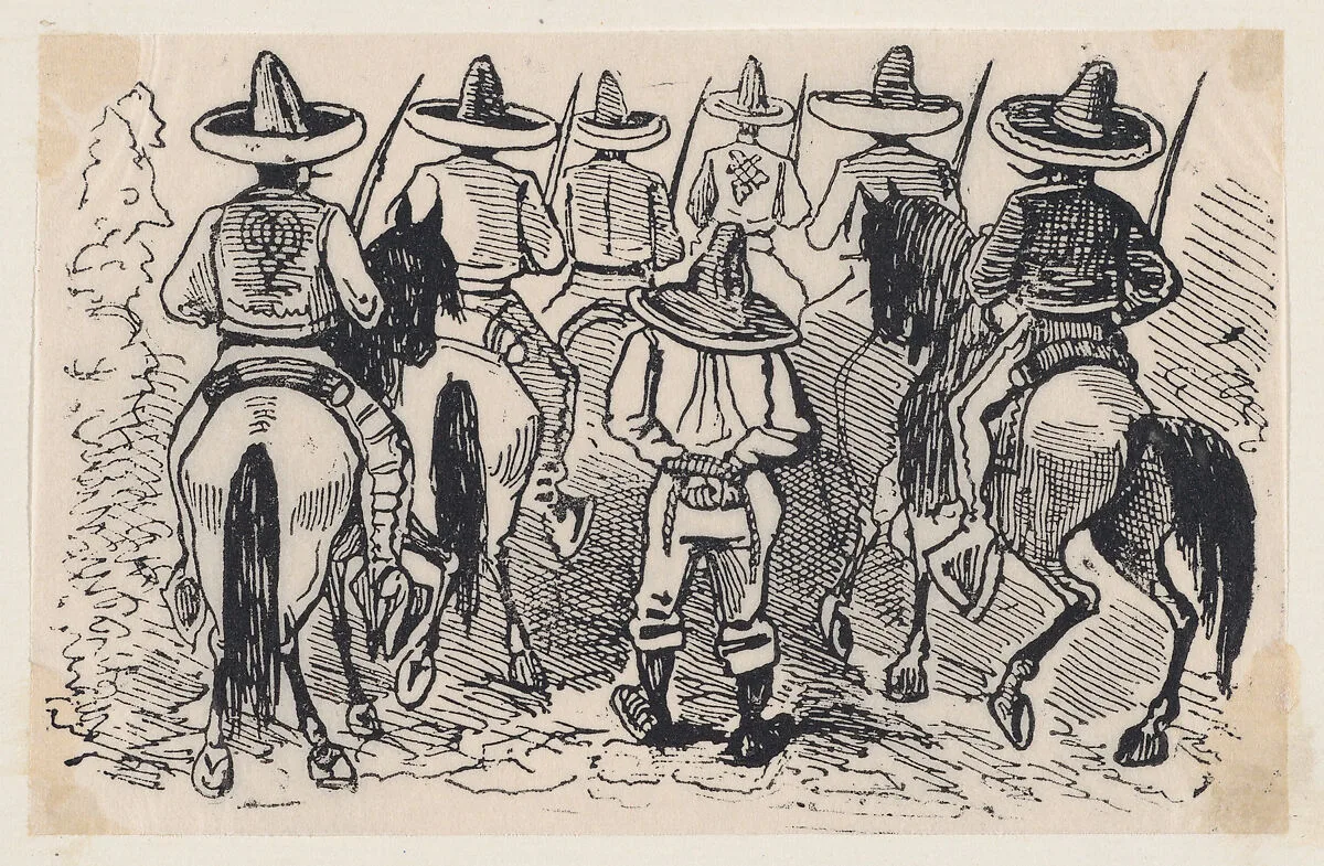 A group of Zapata followers on horseback from a broadside entitled 'Most wonderful miracle by the intercession of Our Most Blessed Lady of Perpetual Help worshipped in Cholula' — José Guadalupe Posada
