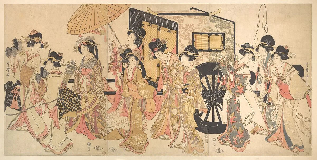 喜多川歌麿画 御所車見立て行列|Courtesans Imitating a Court Procession — Kitagawa Utamaro