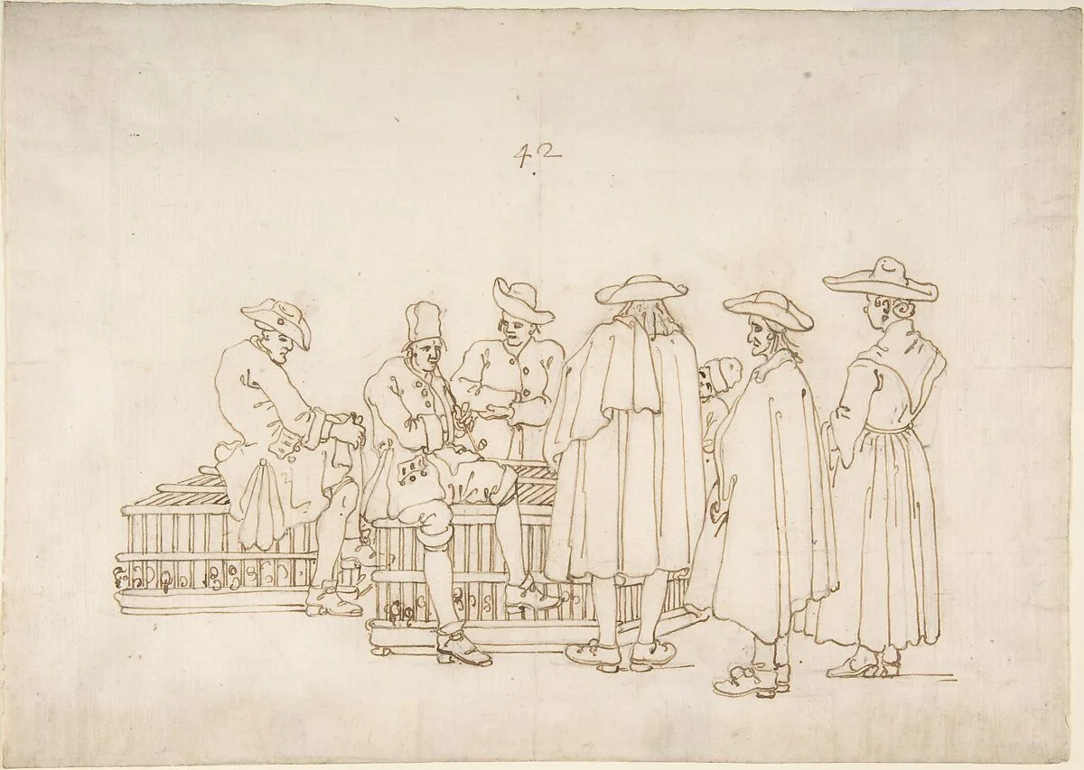 A Group of Figures Surrounding Two Bird-coops — Bernardo Bellotto
