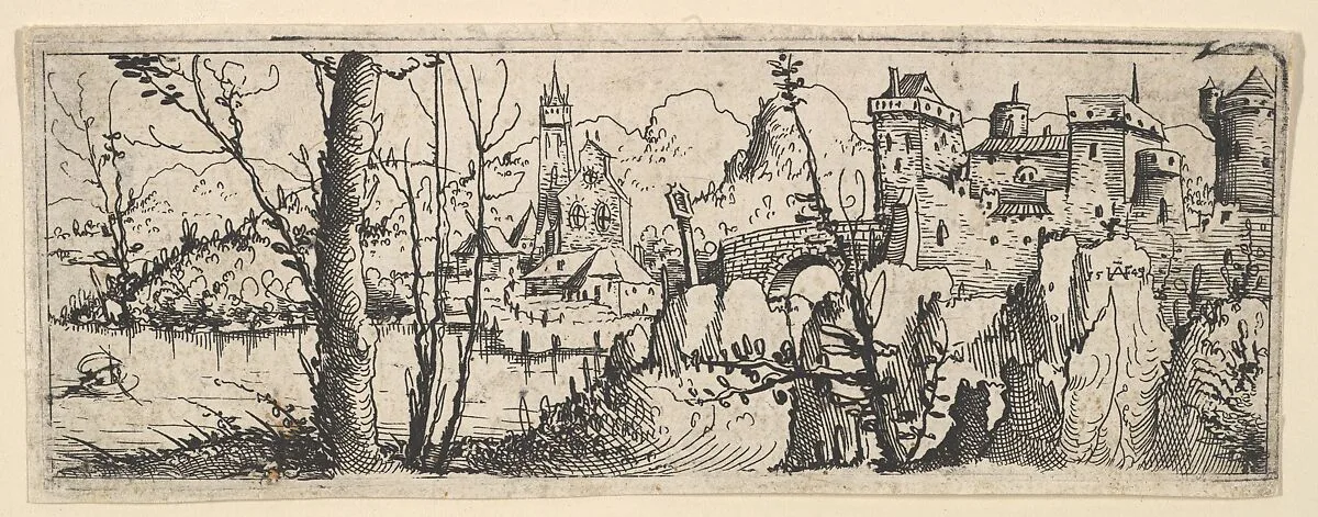 Landscape with Fort and a Church on a River — Augustin Hirschvogel