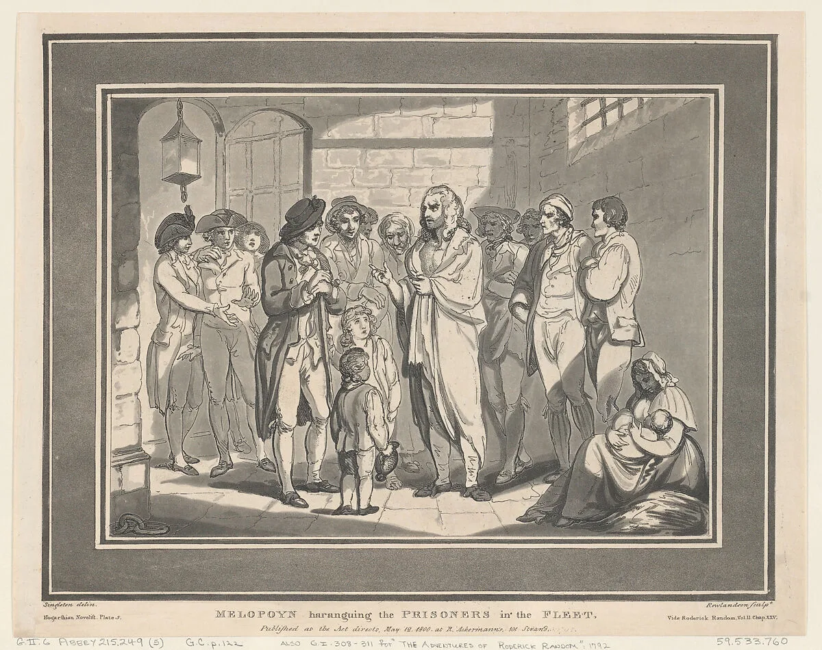 Melopoyn haranguing the Prisoners in the Fleet — Henry Singleton|Rudolph Ackermann, London|Thomas Rowlandson|Joseph Constantine Stadler