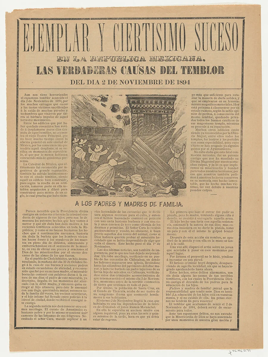 Broadsheet relating to the causes of the earthquake on 2 November 1894 — Antonio Vanegas Arroyo|Anonymous