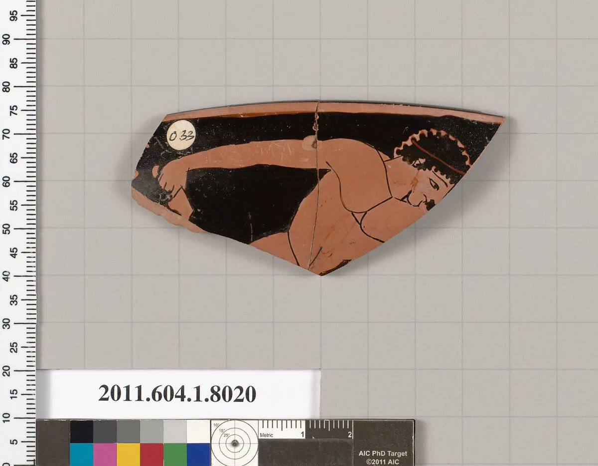 Terracotta rim fragment of a kylix (drinking cup) — Triptolemos Painter