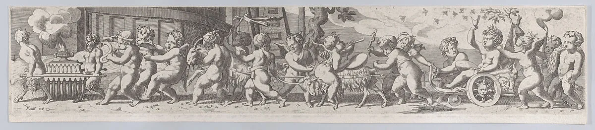 The triumph of the infant Bacchus, who is being pulled along in a chariot by putti playing musical instruments — Nicolaes de Clerck|Rosso Fiorentino|René Boyvin